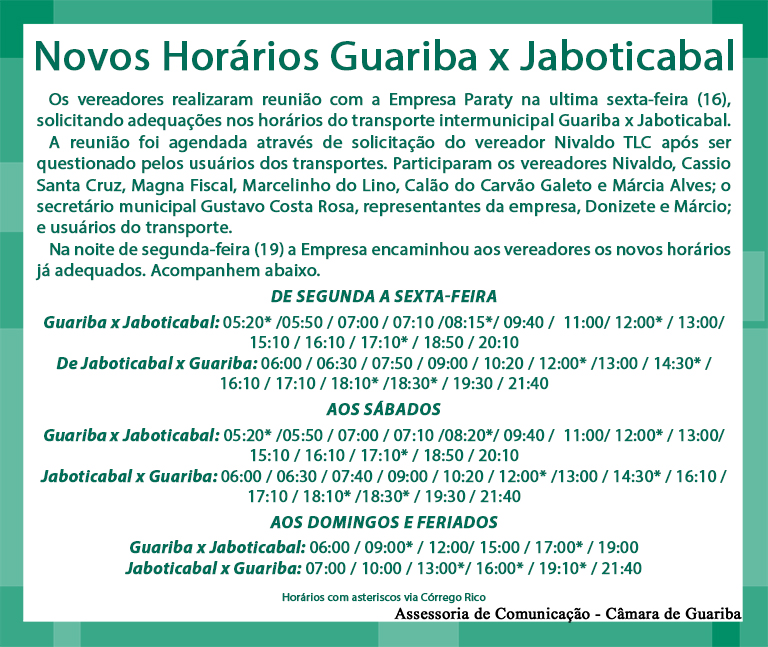 Atenção para os novos horários do transporte intermunicipal Guariba x Jaboticabal