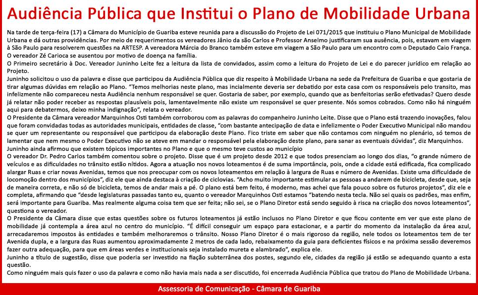 Audiência Pública que instituiu o Plano Municipal de Mobilidade Urbana