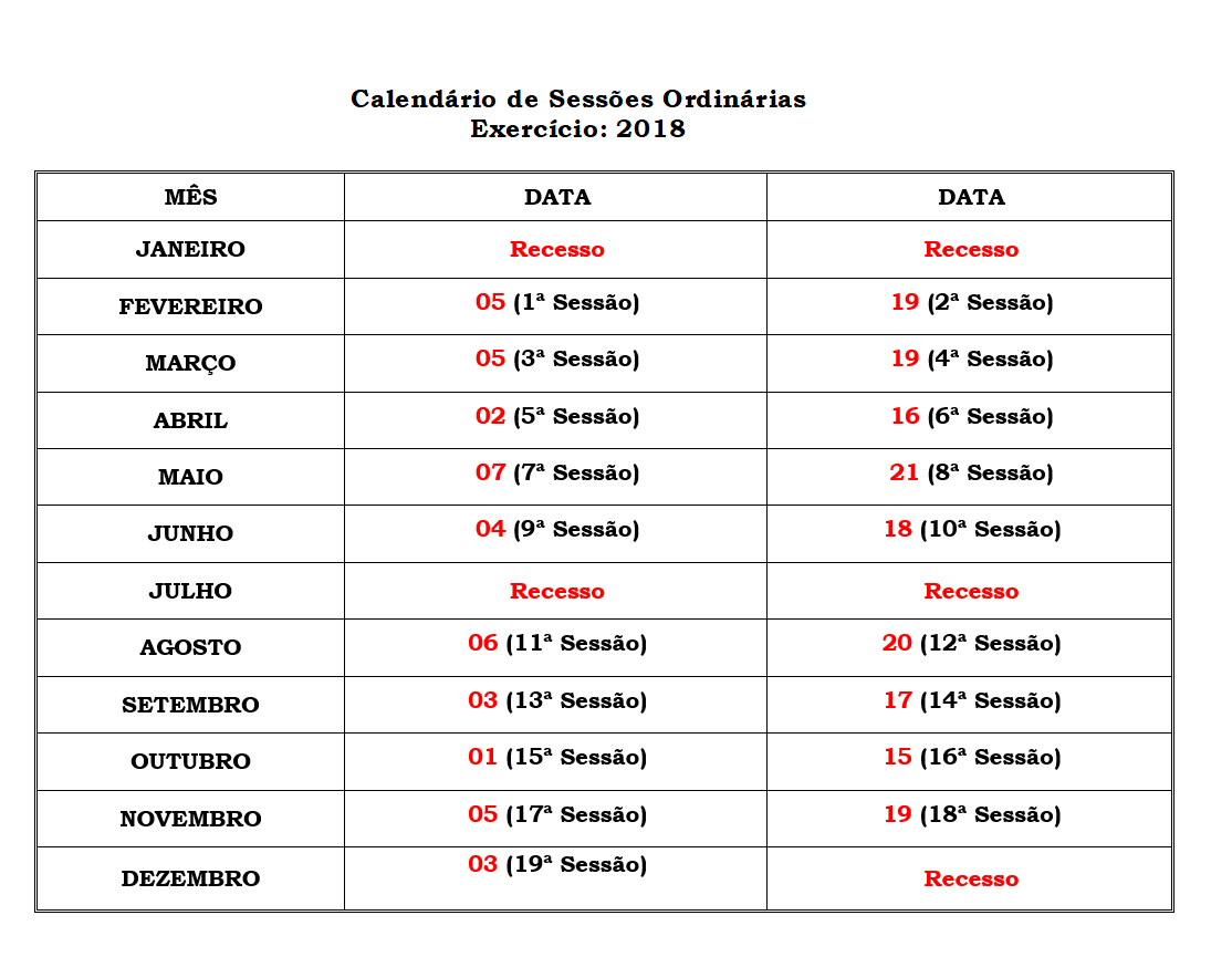 Câmara Municipal divulga agenda de Sessões para 2018.