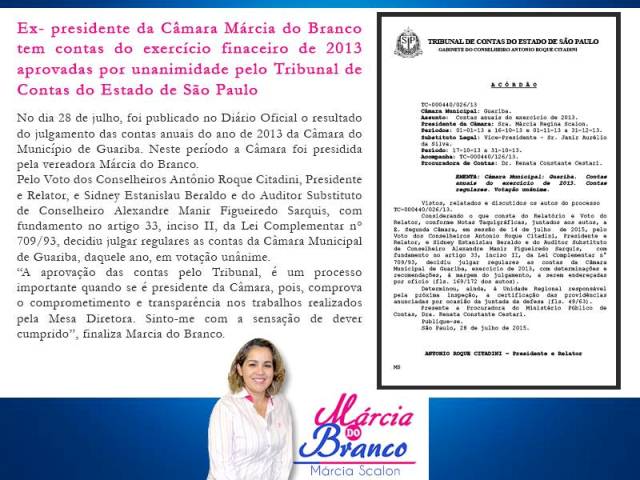 Contas da ex-presidente da Câmara Márcia do branco, são aprovadas