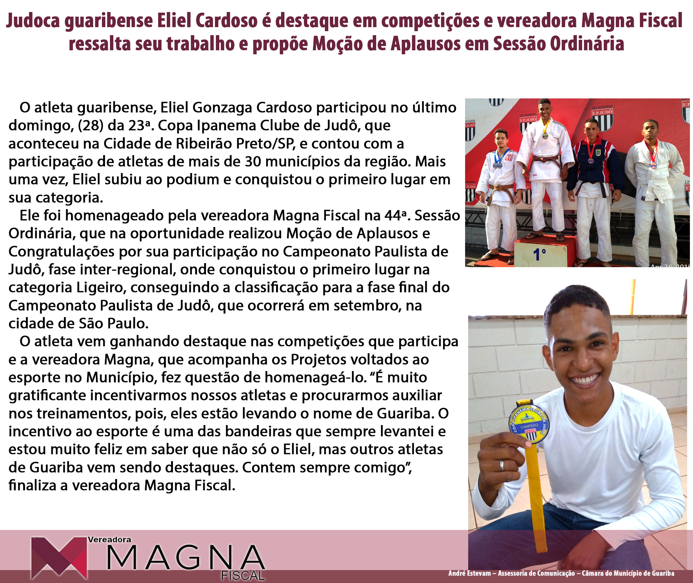 Judoca guaribense Eliel Cardoso é destaque em competições e vereadora Magna Fiscal ressalta seu trabalho e propõe Moção de Aplausos em Sessão Ordinária