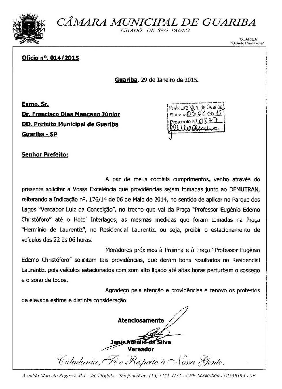 Ofício do vereador Jânio da São Carlos à Prefeitura