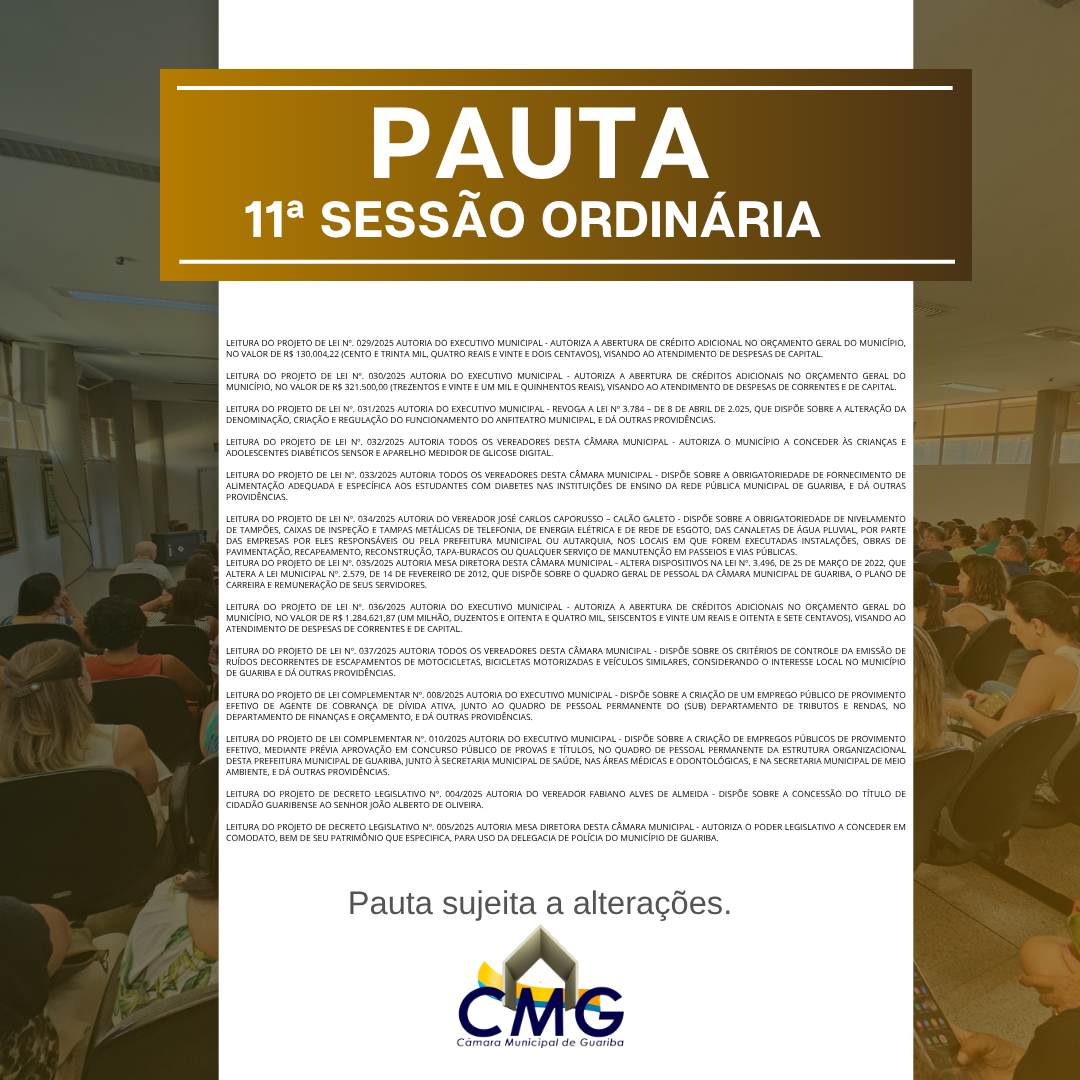 Pauta 11ª Sessão Ordinária