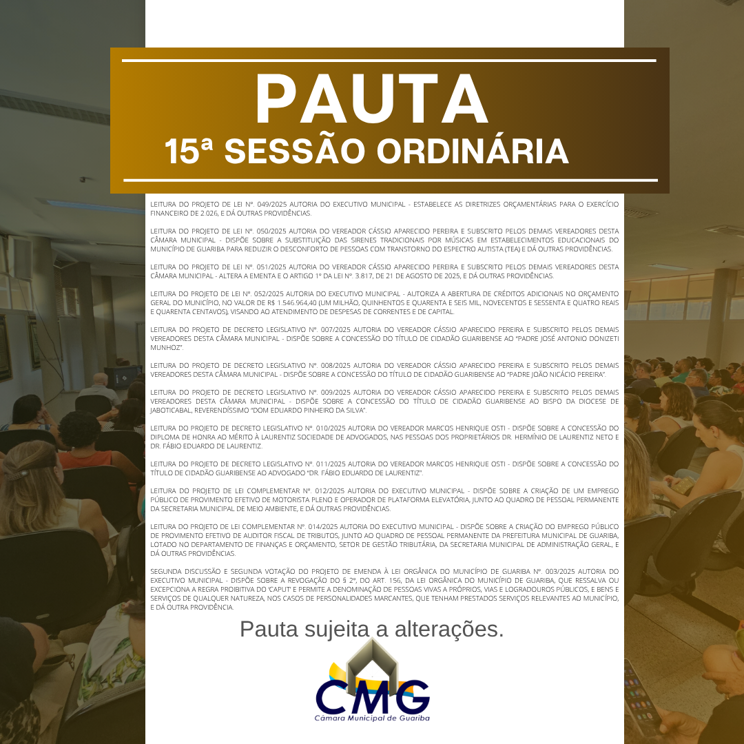 Pauta 15ª. Sessão Ordinária
