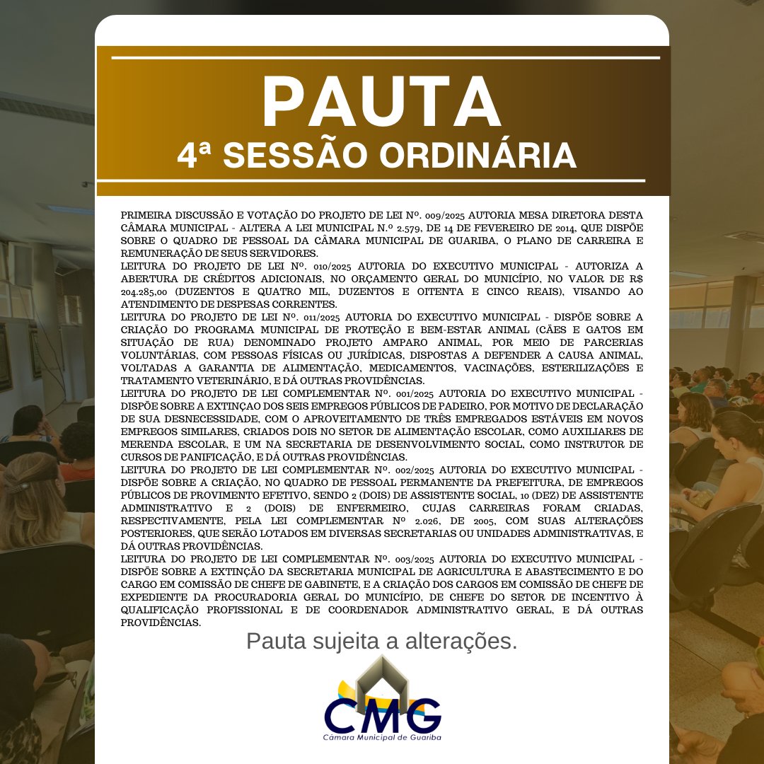 Pauta 4ª Sessão Ordinária