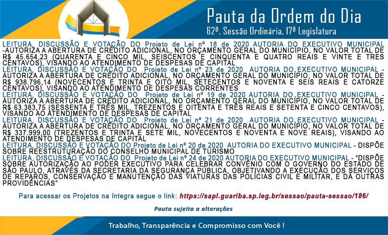 Pauta 62ª. Sessão Ordinária