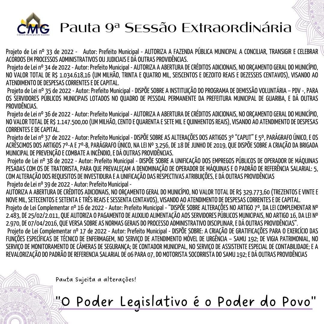 Pauta 9ª Sessão Extraordinária