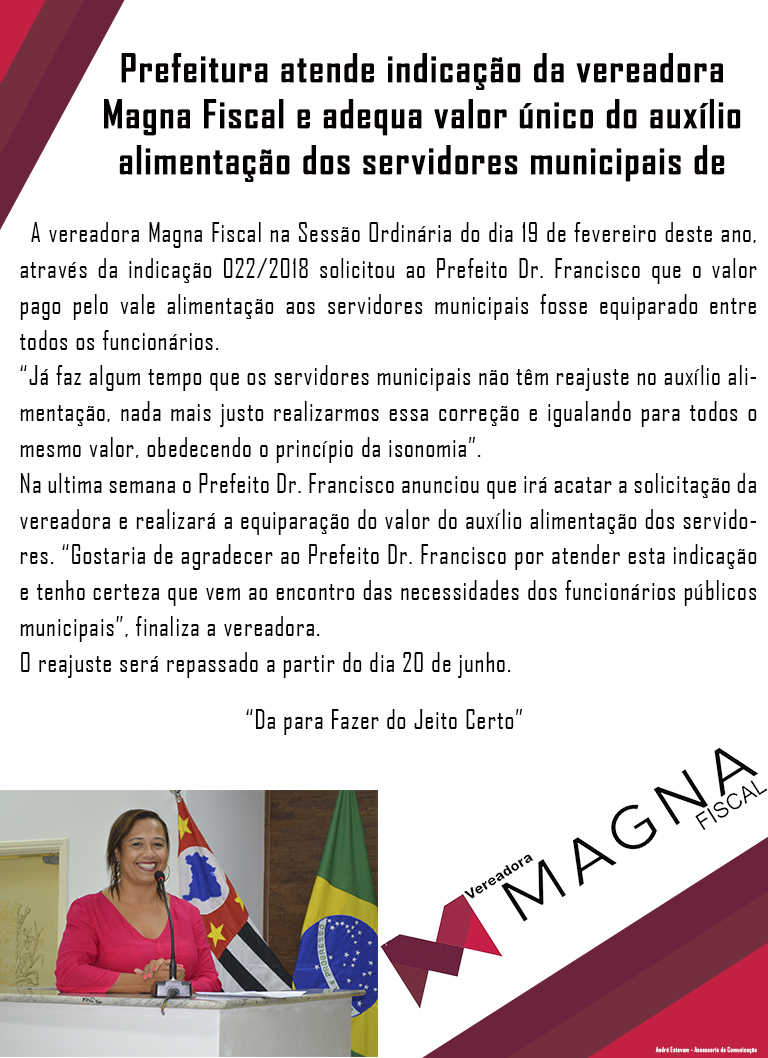 Prefeitura atende indicação da vereadora Magna Fiscal e adequa valor único do auxílio alimentação dos servidores municipais de Guariba