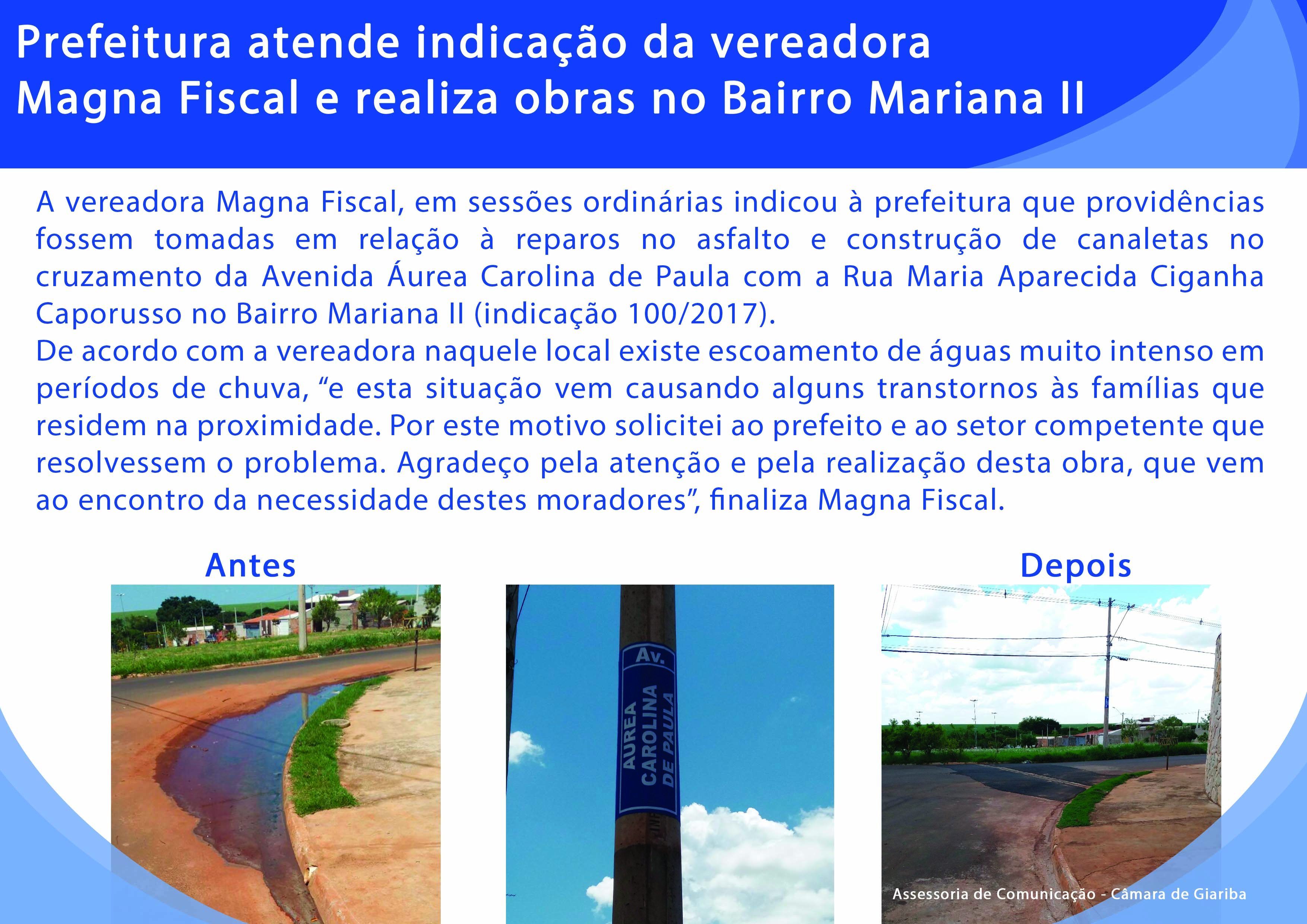 Prefeitura atende indicação da vereadora Magna Fiscal e realiza obras no Bairro Mariana II