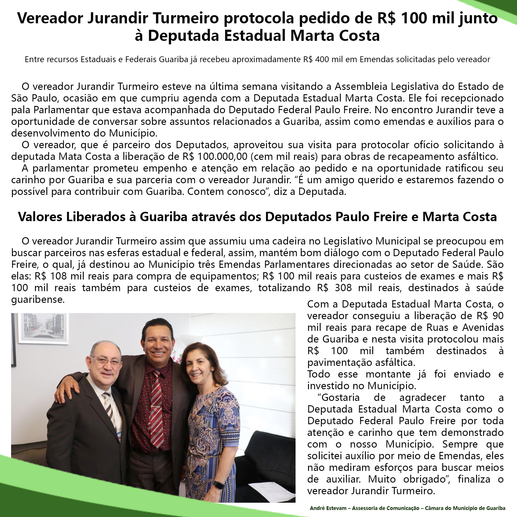 Vereador Jurandir Turmeiro protocola pedido de R$ 100 mil junto à Deputada Estadual Marta Costa