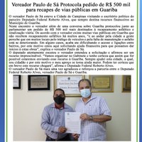 Vereador Paulo de Sá Protocola pedido de R$ 500 mil para recapes de vias públicas em Guariba
