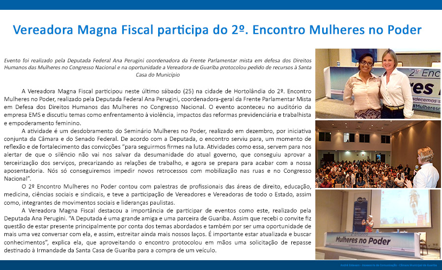 Vereadora Magna Fiscal participa do 2º. Encontro Mulheres no Poder